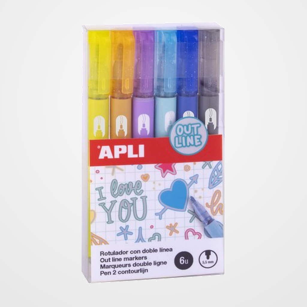 ROTULADOR FIBRA APLI COLORES METALICOS OUTLINER (DOBLE LINEA) ESTUCHE de 6 SURTIDO