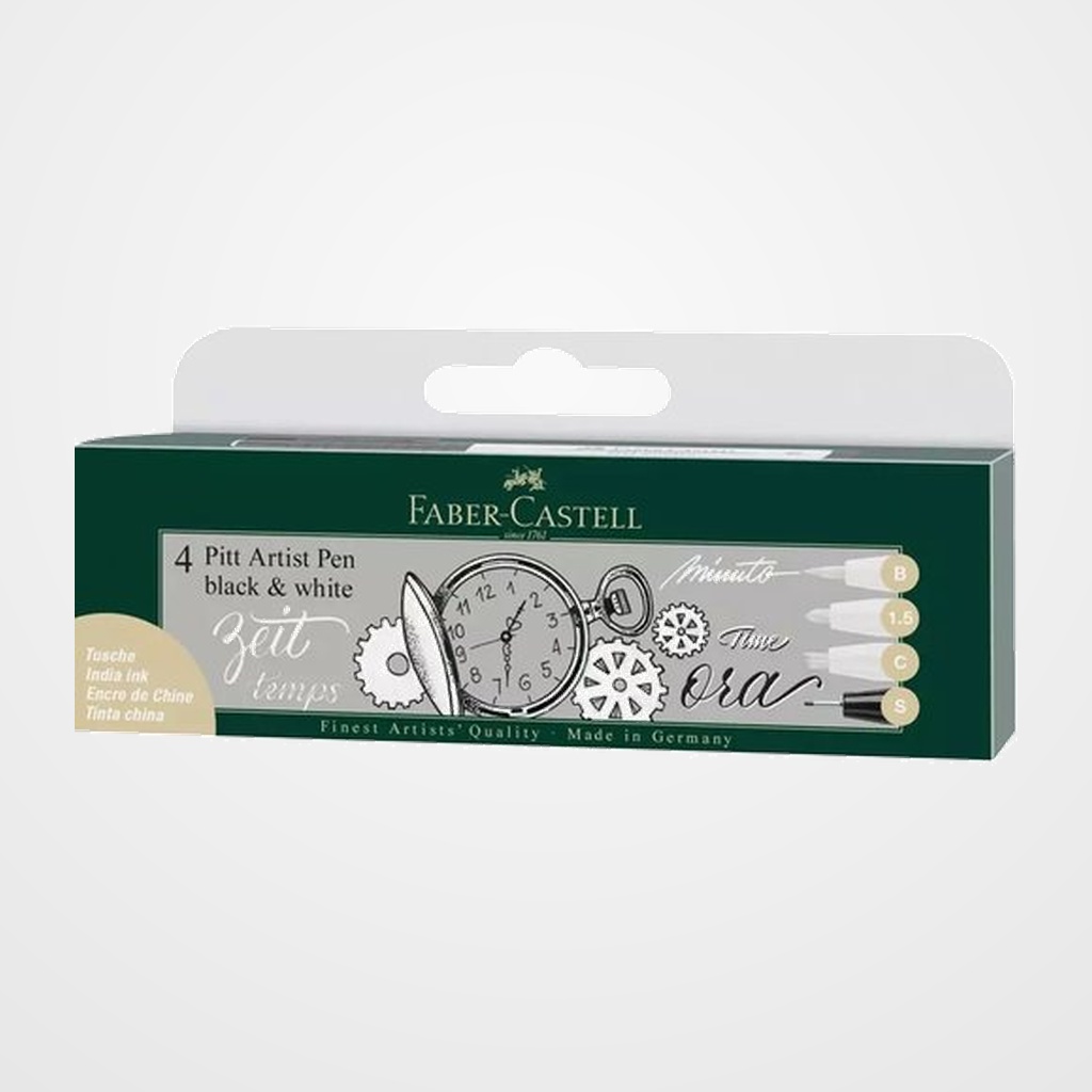 ROTULADOR FIBRA FABER-CASTELL PITT ARTIST PEN ESTUCHE DE 4 (3 blancos (1.5, C y B) y 1 (S) negro)