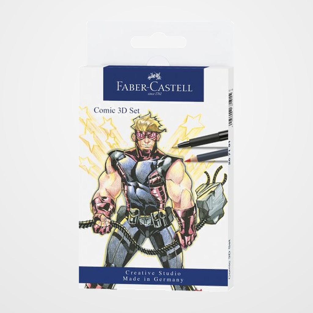 ROTULADOR FIBRA FABER-CASTELL SET COMIC 3D ESTUCHE DE 11 5x  rotuladores Pitt Artist Pen 3x lápices acuarelables Goldfaber Aqua 1x lápiz Goldfaber HB  1x afilalápices metálico 1x goma de borrar