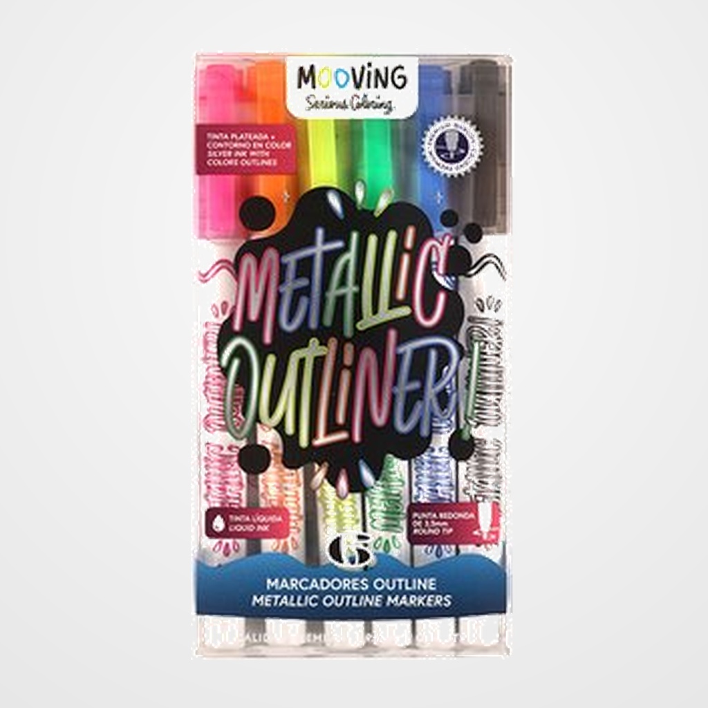 ROTULADOR FIBRA MOOVING COLORES METALICOS OUTLINER (DOBLE LINEA) ESTUCHE de 6