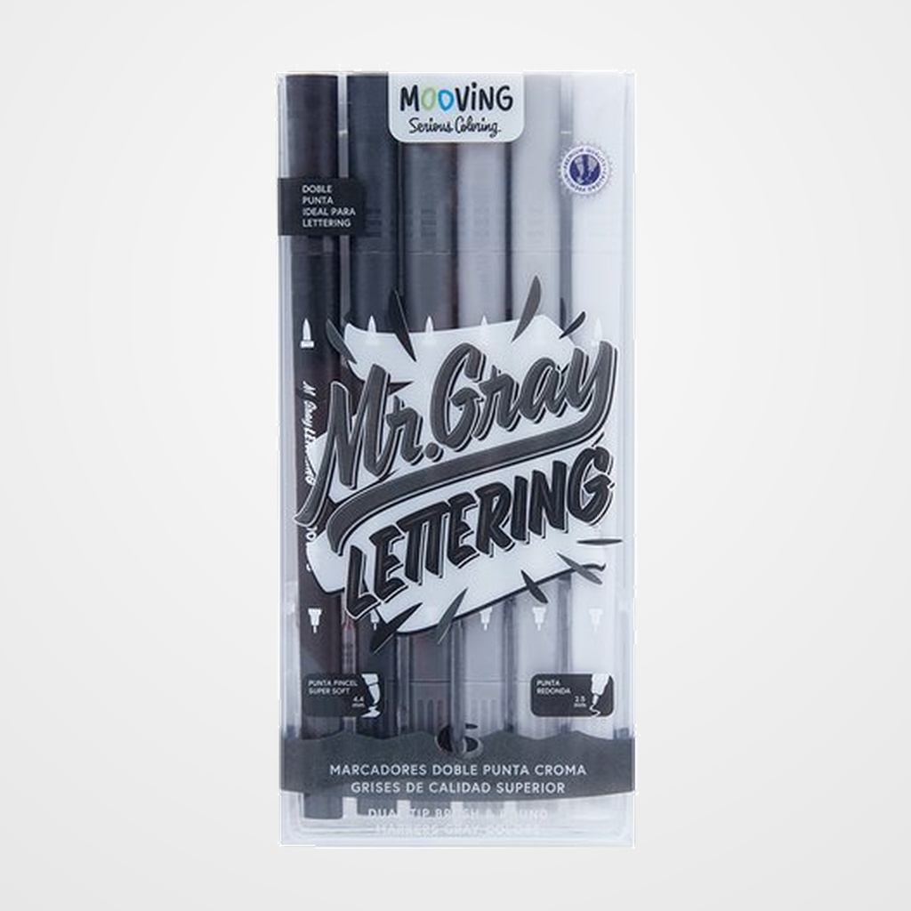 ROTULADOR FIBRA MOOVING DOBLE PUNTA PINCEL CROMA GRISES ESTUCHE de 6