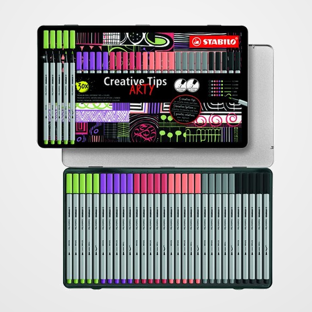 [10205751] ROTULADOR FIBRA STABILO CREATIVE TIPS ARTY LINE CAJA METAL de 30 (puntas de 0.2, 0.4, 0.7, 1.0, pincel: 26, 34, 46, 47, 60, 95)