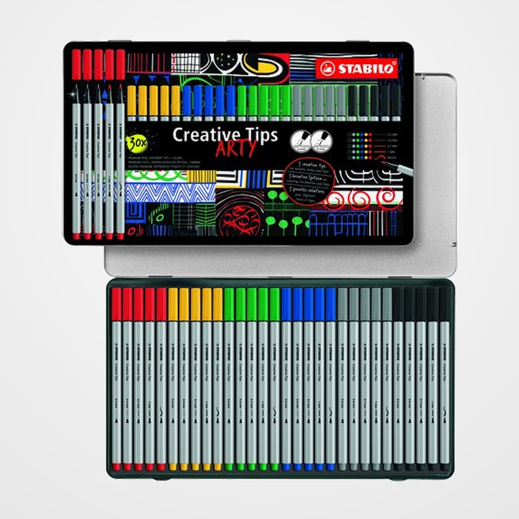 [10205750] ROTULADOR FIBRA STABILO CREATIVE TIPS ARTY LINE CAJA METAL de 30 (puntas de 0.2, 0.4, 0.7, 1.0, pincel: 32, 36, 44, 46, 48, 95)