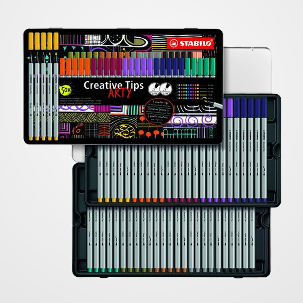 ROTULADOR FIBRA STABILO CREATIVE TIPS ARTY LINE CAJA METAL de 50 (puntas de 0.2, 0.4, 0.7, 1.0, pincel: 19, 22, 30, 37, 44, 46, 51, 60, 89, 95)
