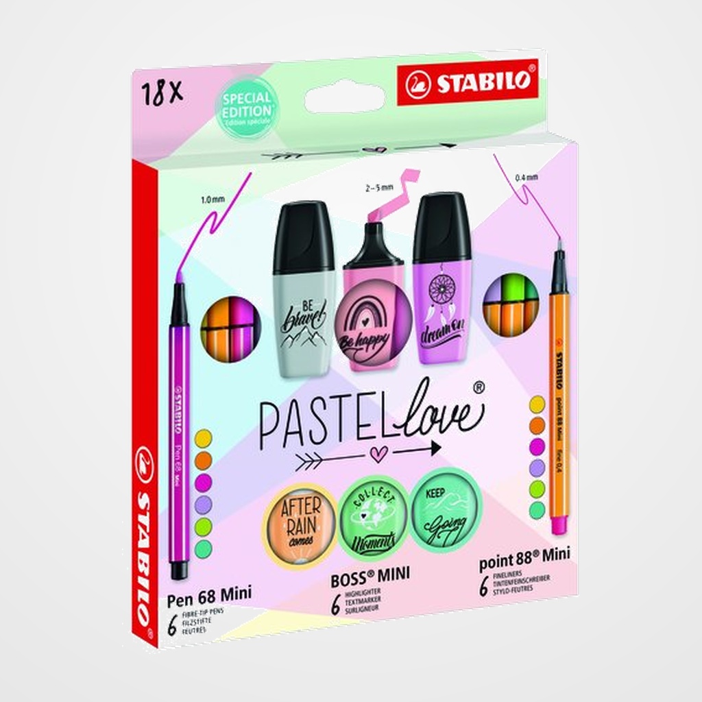 ROTULADOR FIBRA STABILO MINI PEN 68&POINT 88&BOSS PASTEL LOVE ESTUCHE de CARTON de 18 (6x Pen 68 Mini, 6x Point 88 Mini y 6x BOSS Mini)