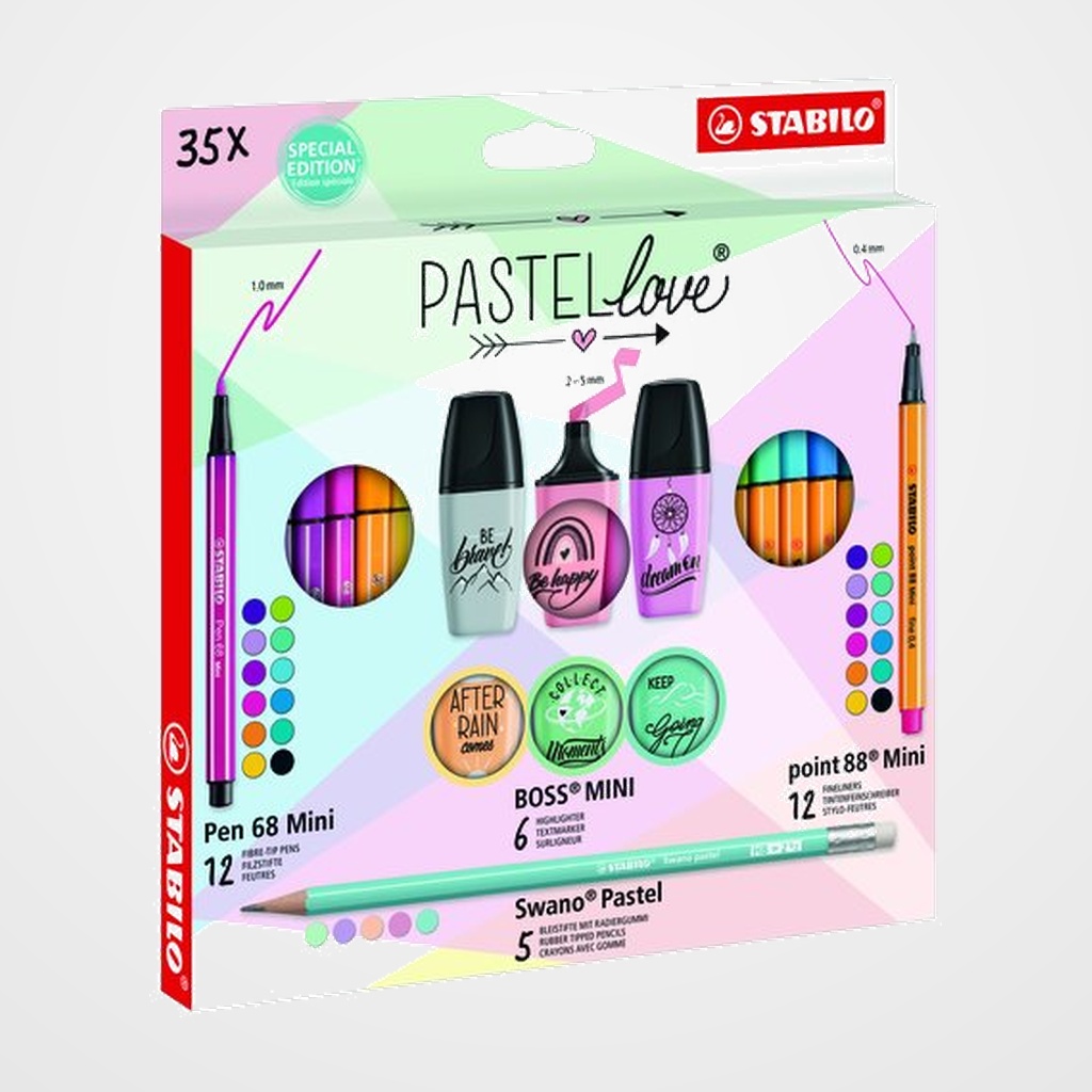 ROTULADOR FIBRA STABILO MINI PEN 68&POINT 88&BOSS&SWANO PASTEL LOVE ESTUCHE de CARTON de 35 (12x Pen 68 Mini, 12x Point 88 Mini, 6x BOSS Mini y 5x Swano)