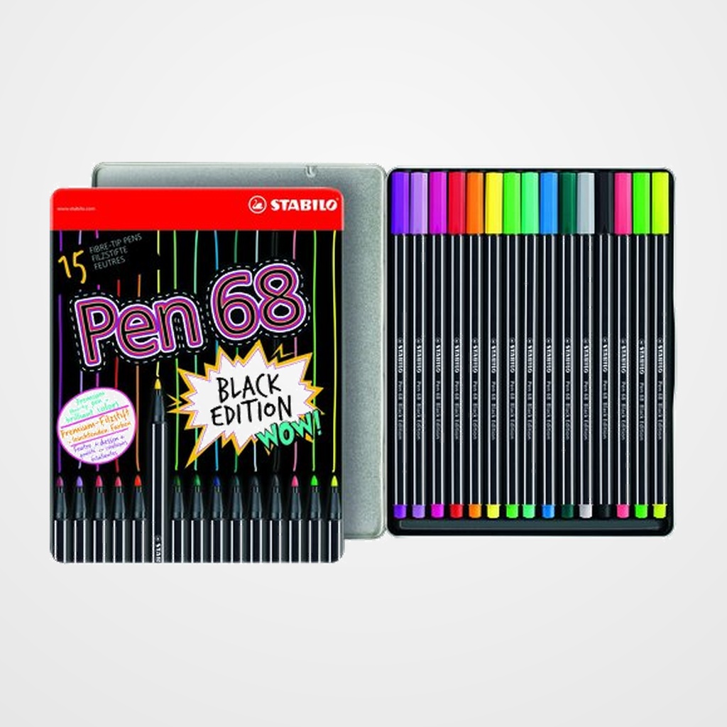 ROTULADOR FIBRA STABILO PEN 68 BLACK EDITION CAJA METALICA de 15
