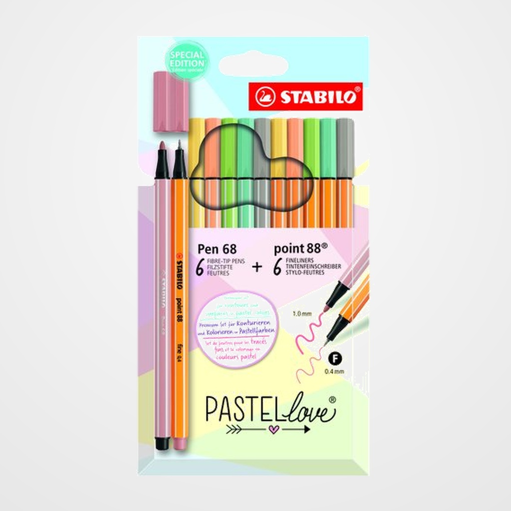 ROTULADOR FIBRA STABILO PEN 68/POINT 88 PASTEL LOVE ESTUCHE de CARTON de 12 (6x Pen 68 y 6x Point 88)