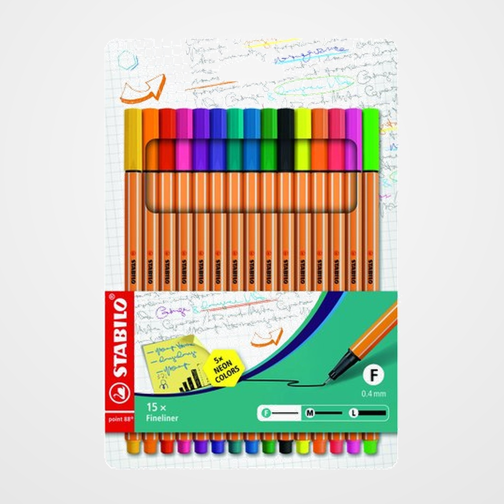 ROTULADOR FIBRA STABILO POINT 88 ESTUCHE de 15 (10 STANDARD y 5 NEON)