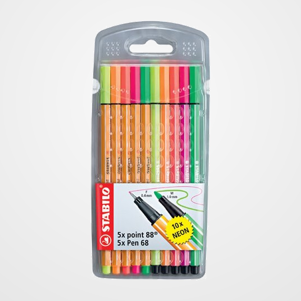ROTULADOR FIBRA STABILO POINT 88/PEN 68 COLORES NEON ESTUCHE de 10