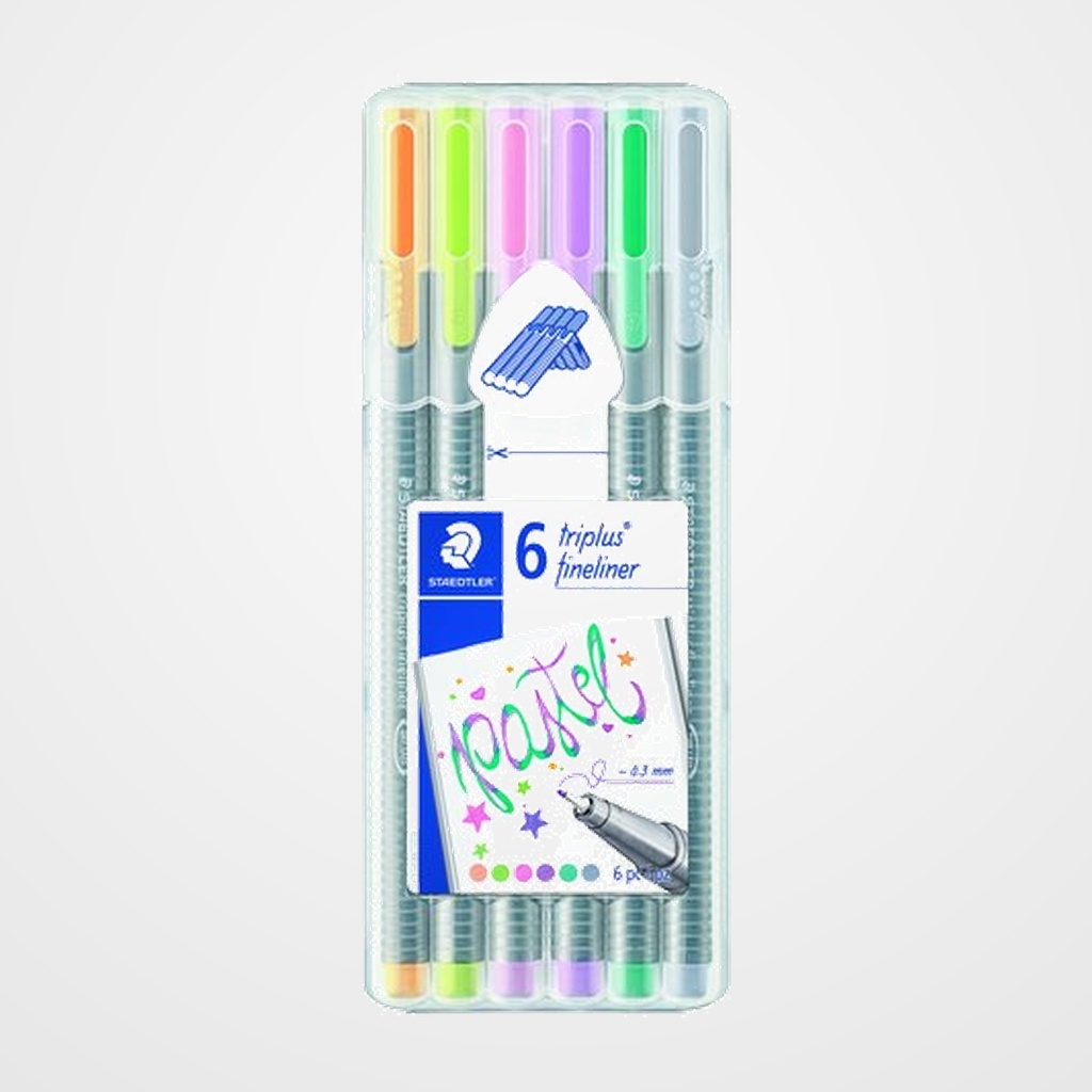 ROTULADOR FIBRA STAEDTLER  334 TRIPLUS FINELINER PASTEL ESTUCHE de 6 (Rosa Claro, Naranja Claro, Verde Lima, Verde Esmeralda, Lavanda y Gris)