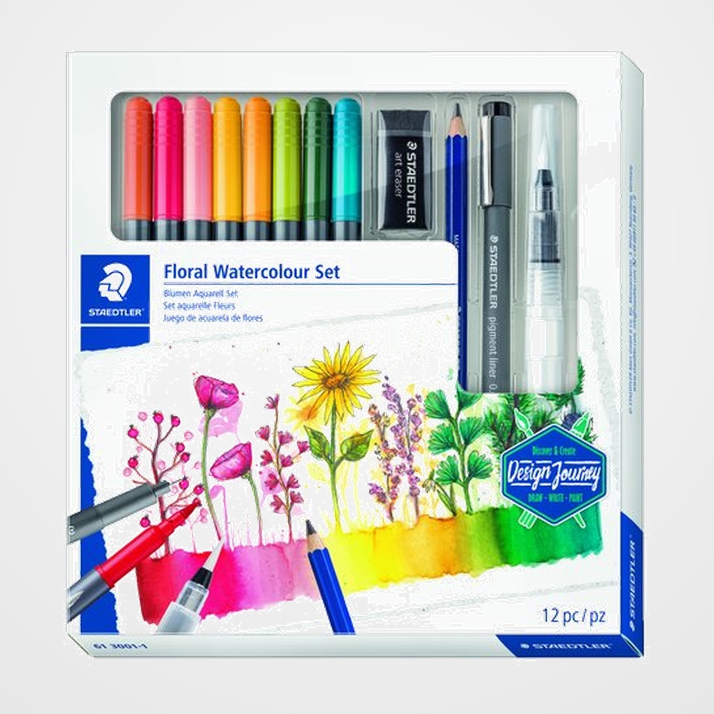 ROTULADOR FIBRA STAEDTLER FLORAL WATERCOLOUR SET DE 12 8x 3001 ROTULADOR ACUARELABLE DOBLE PUNTA 1x 308 01-9 PIGMENT LINER 1x 100A-4B LUMOGRAPH AQUARELL 1x 949-M PINCEL 1x 526 B30-9C GOMA DE BORRAR