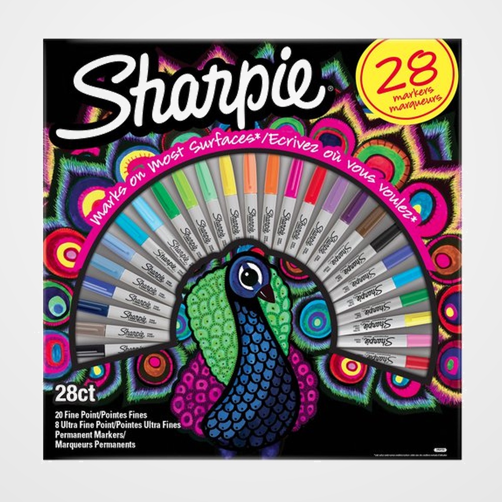 ROTULADOR PERMANENTE SHARPIE FINE&ULTRA FINE BIG PACK PAVO REAL CAJA REGALO DE 28 20x FINE SURTIDO  8x ULTRA FINE SURTIDO