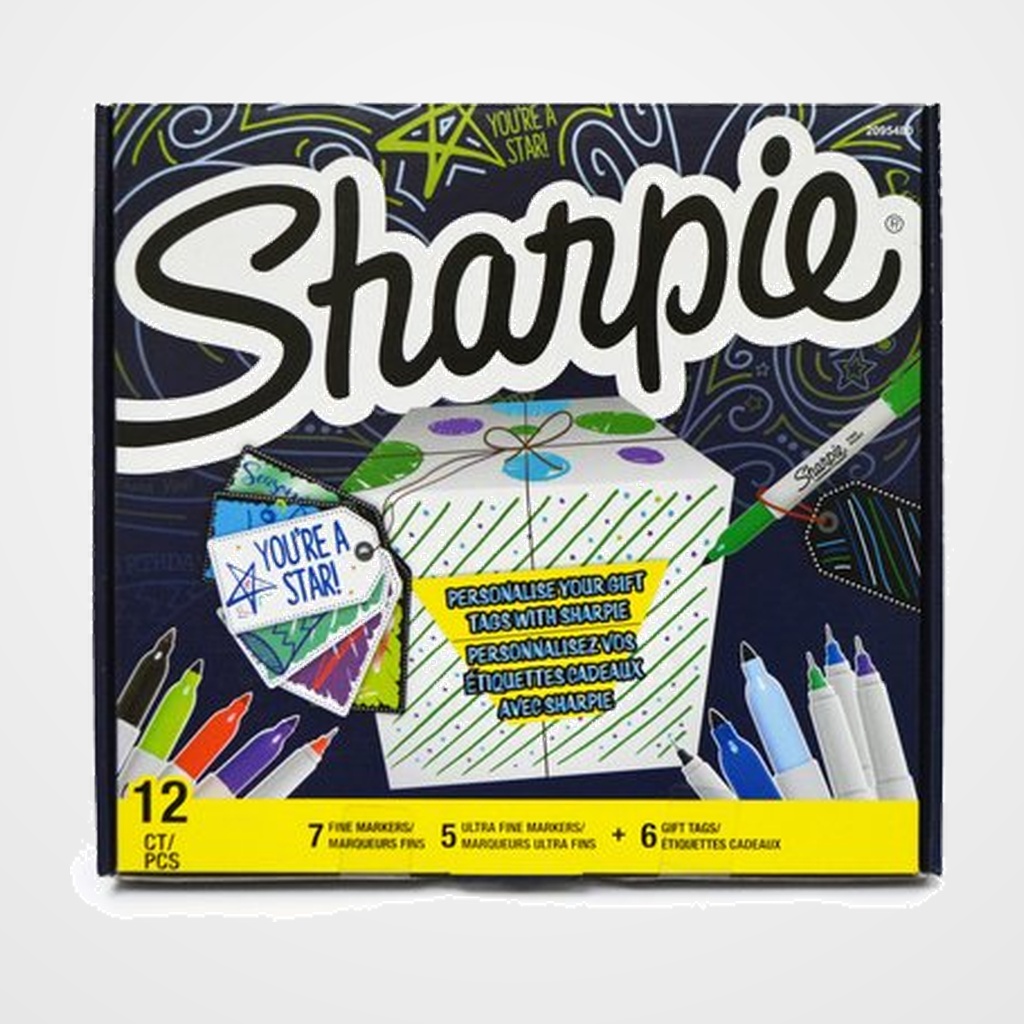 ROTULADOR PERMANENTE SPECIAL PACK SHARPIE + GIFT ON CAJA DE 12 7x FINE 5x ULTRA FINE SET OF TAGS (3 blancas + 3 negras) de REGALO