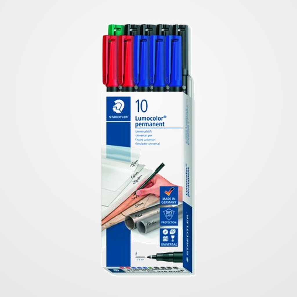 ROTULADOR PERMANENTE STAEDTLER 318 LUMOCOLOR (F) CAJA de 10 (1x 318-5 verde, 2x 318-2 rojo, 3x 318-3 azul, 4x 318-9 negro)