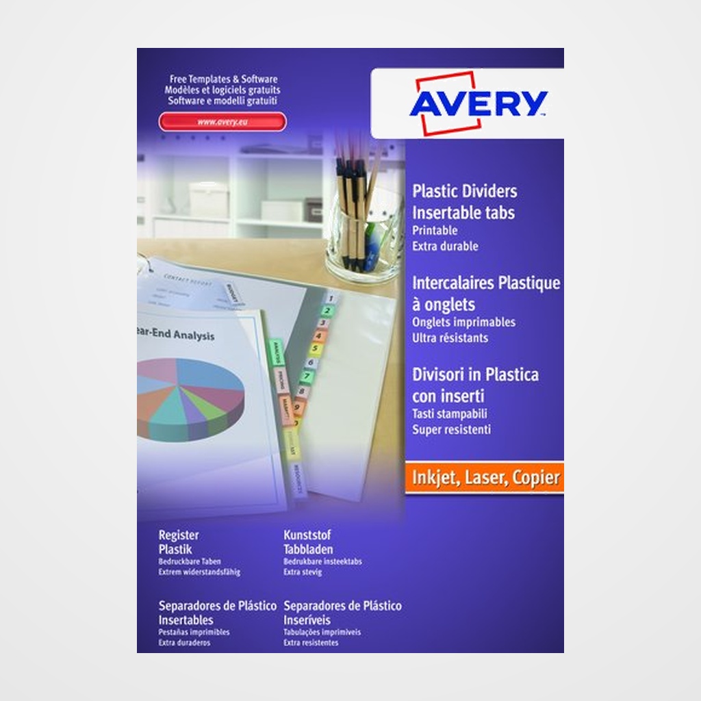 SEPARADORES AVERY PVC COLORES TRASLUCIDOS SURTIDOS A4 6 pestañas 9 taladros INKJET/LASER PERSONALIZABLES