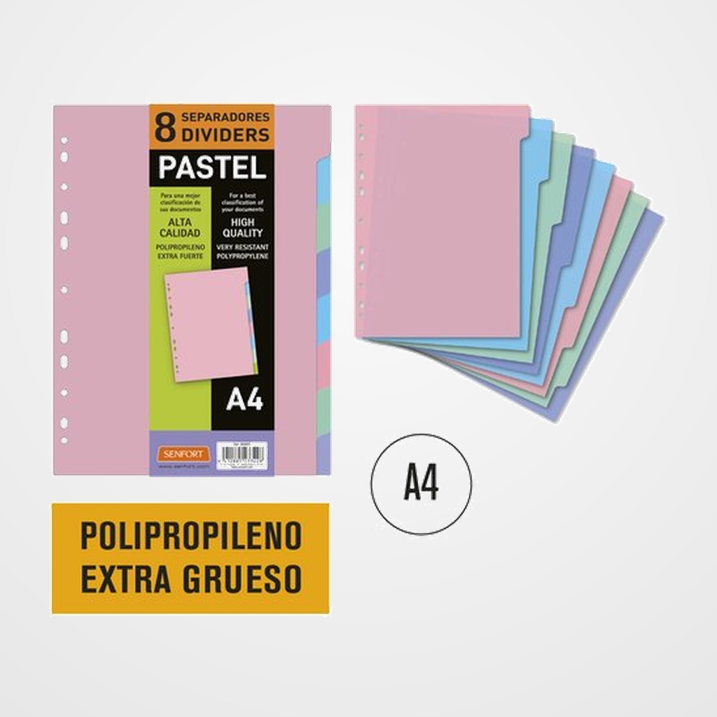 SEPARADORES SENFORT PP PASTEL EXTRA GRUESO OPACO A4 8 Pestañas 11 taladros