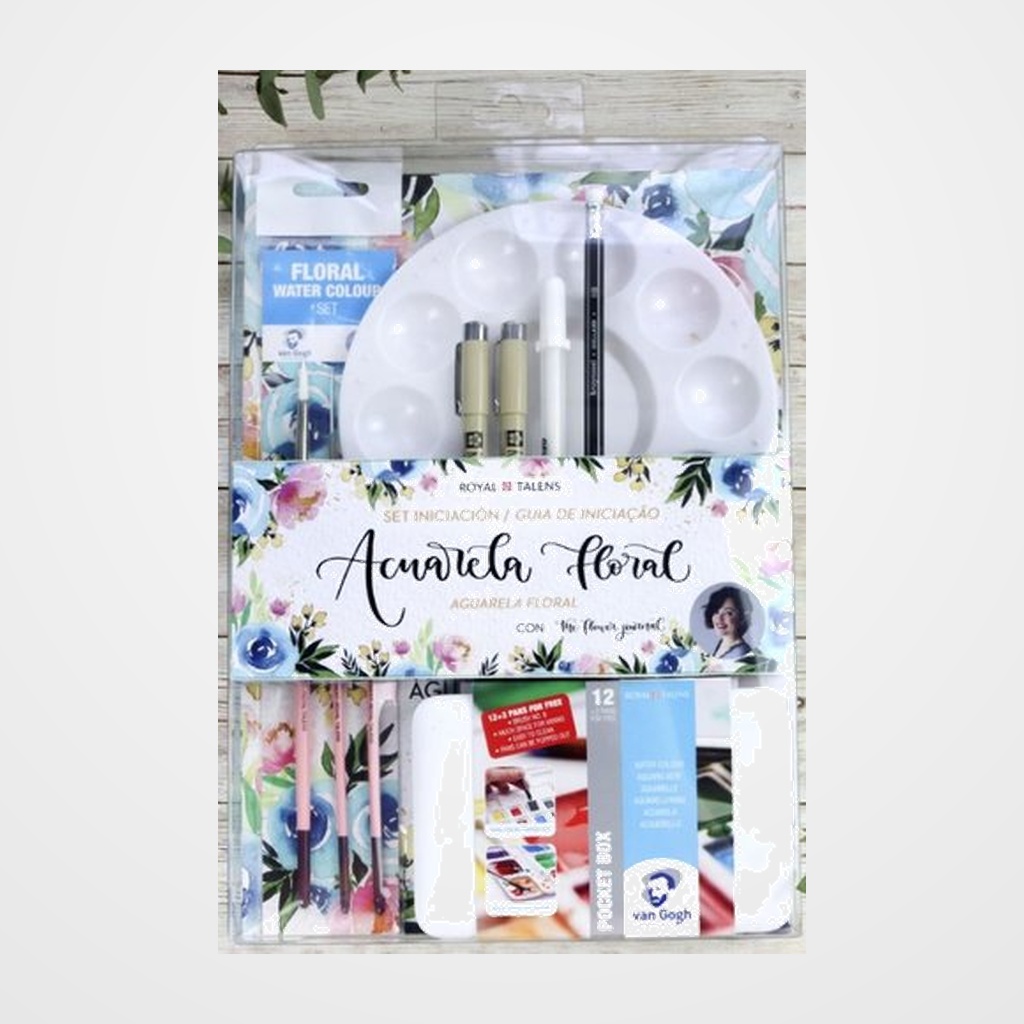 SET ACUARELA FLORAL VAN GOGH INICIACION (15 pastillas+bloc+acuarelas+Rotuladores calibrados+Pinceles+Paleta de plastico)