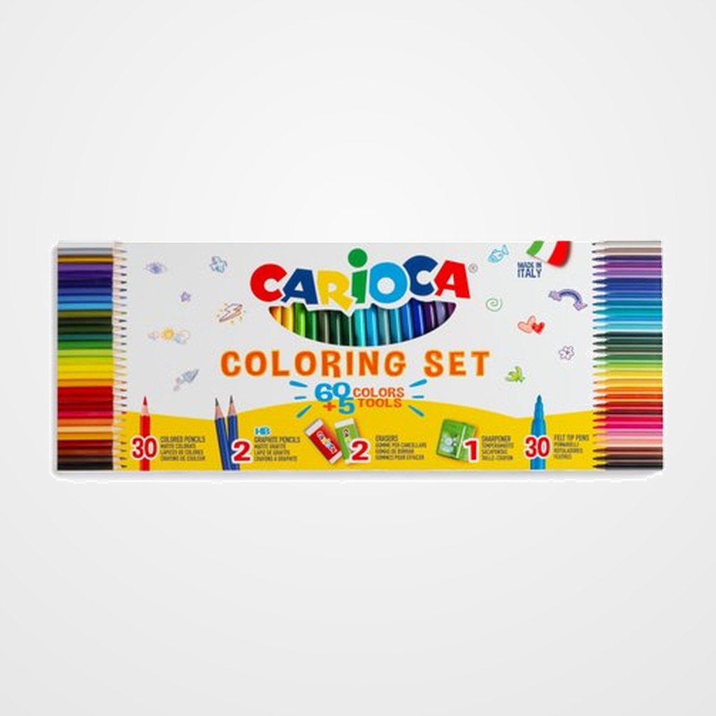 SET CARIOCA COLORING 65 PIEZAS (30 rotuladores, 30 lapices de colores, 2 lapices HB, 2 gomas de borrar y 1 afilalapiz)
