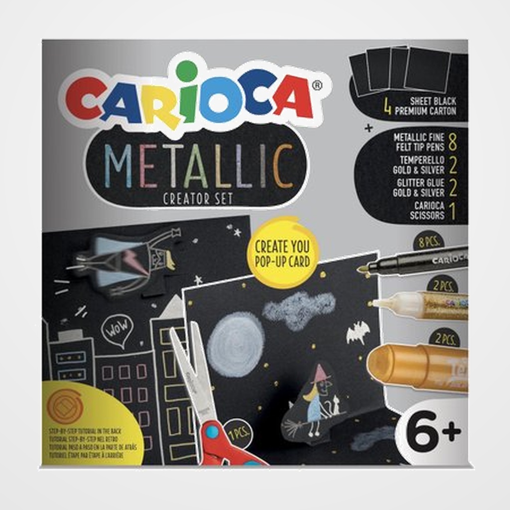 SET CARIOCA METALLIC POP UP CREATOR 17 pcs 4x HOJAS PREMIUM NEGRAS 8x ROTULADORES METALLIC 2x TEMPERELLO ORO&PLATA 2x GLITTER ORO&PLATA 1x TIJERA