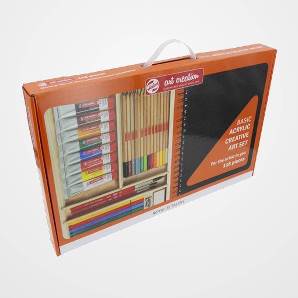 SET CREATIVO MULTITECNICAS TALENS ART CREATION DE 118 PIEZAS  (Caja de  madera con: 8 pinturas acrílicas, 12 lápices de colores, 6 lápices de grafito, 6 rotuladores punta fina, bloc, pinceles)