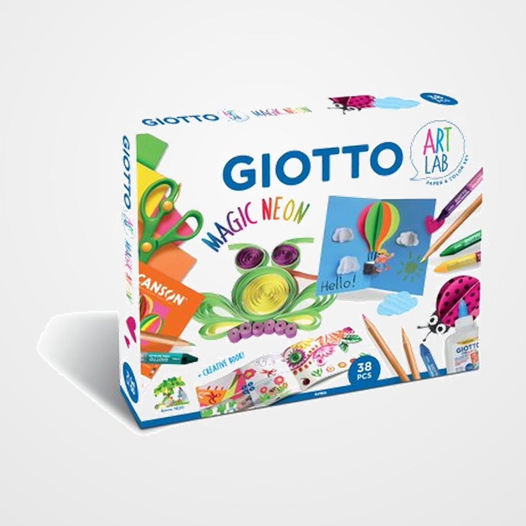 SET JUEGO GIOTTO ART LAB MAGIC NEON 12x Giotto Cera Bicolor 4x Giotto Pasteles en colores fluo (amarillo, rosa, naranja y verde) 1x Giotto Collage Glue 120g 1x Tijera 1x Bloc de Cartulina Iris Canson Neon en formato A4 con 20 hojas en colores neon (amarillo, rosa, verde y naranja) 1x Libro creativo