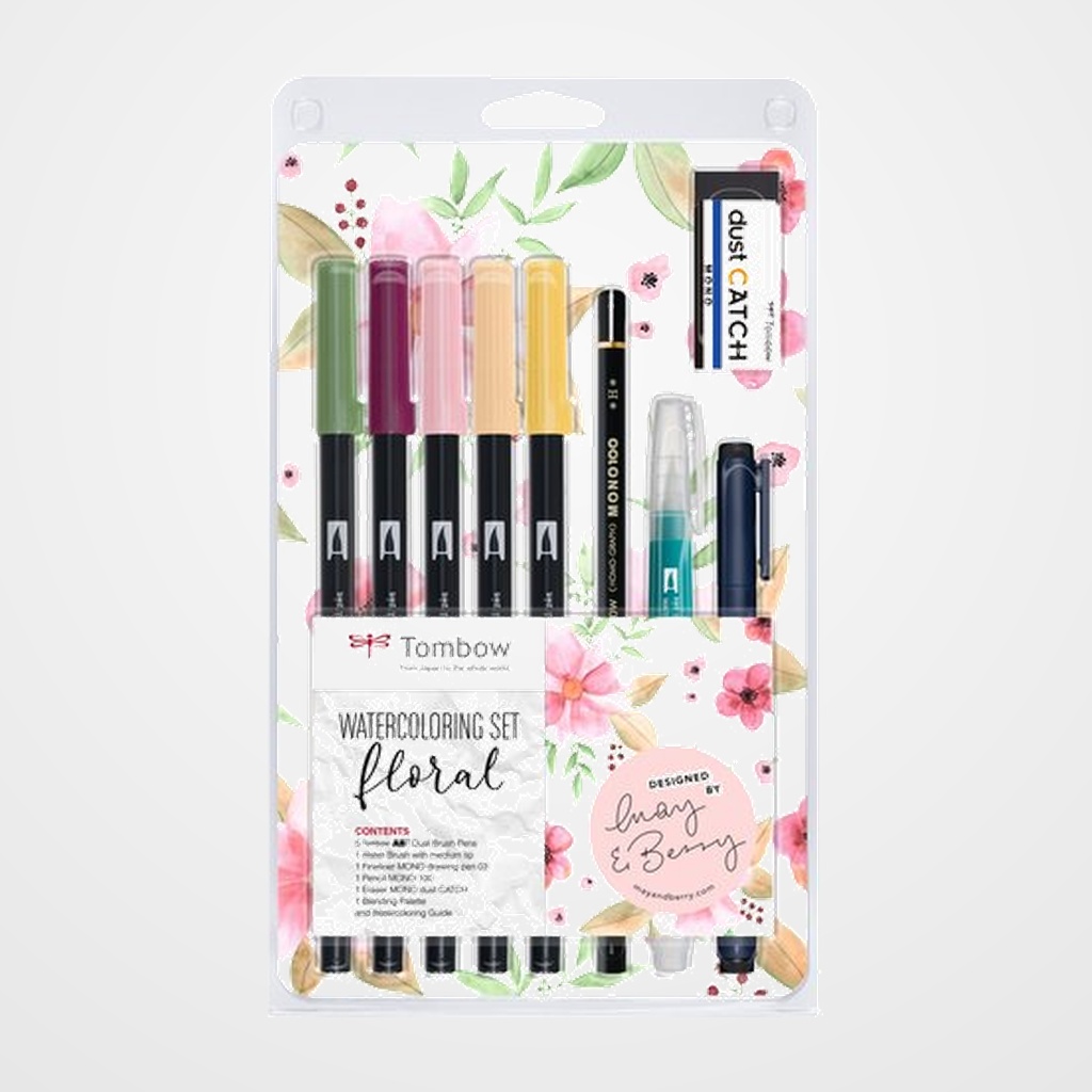 SET LETTERING TOMBOW FLORAL (1x ABT-192,757,772,910,991, WS-EFL03, MONO-100-H, EN-DC, WB-ME-1P, paleta de mezclas, instrucciones)