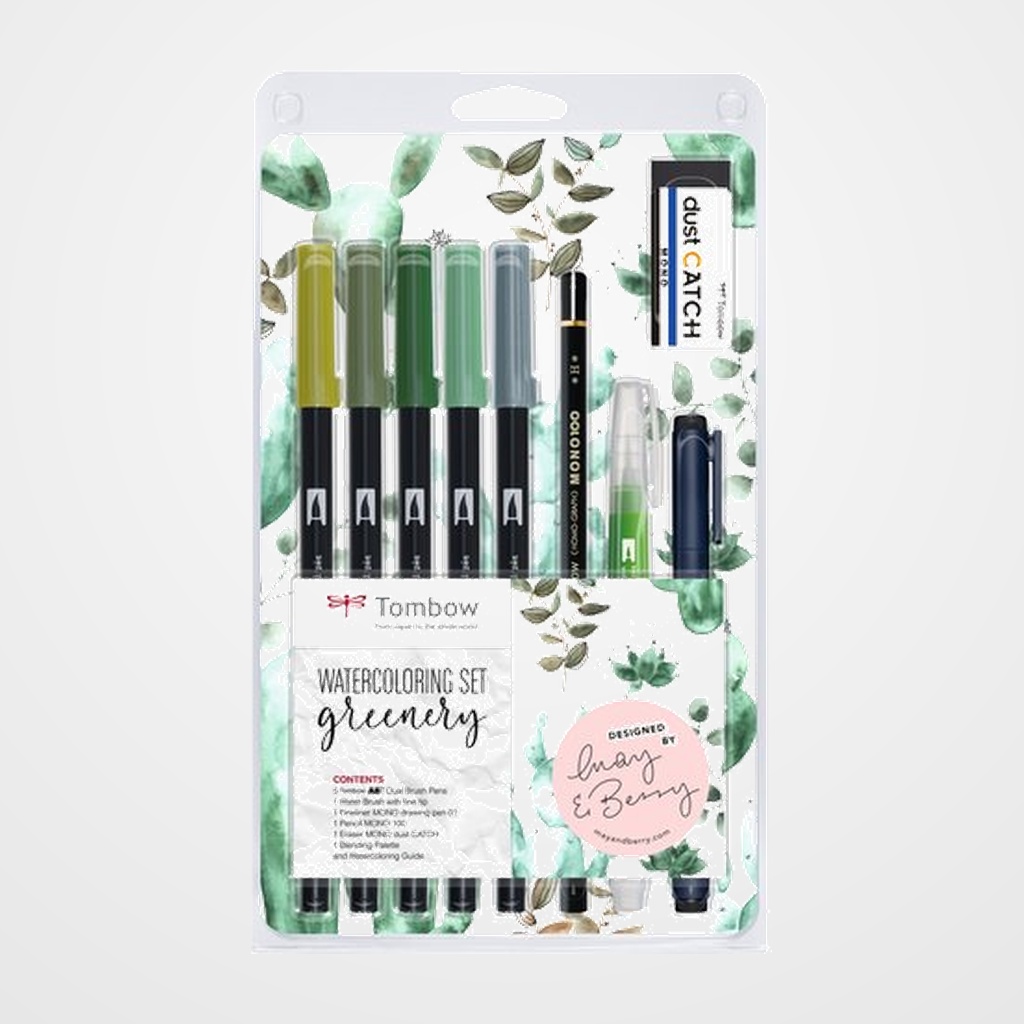 SET LETTERING TOMBOW GREENERY (1x ABT-098,228,249,312, N52, WS-EFL01, MONO-100-H, EN-DC, WB-FN-1 P, paleta de mezclas, instrucciones)