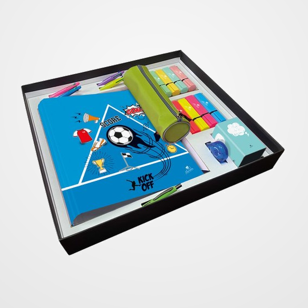 [25801013] SET PAPELERIA MARIOLA KICK OFF PREMIUM 34 PIEZAS 1x Caja de carton forrado reutilizable 1x Carpeta 4 anillas 25mm 1x Lapicero carton forrado 1x Estuche color 16x Fluorescentes surtidos 4x  Boligrafo 4 en 1 1x Boligrafo Tekno 1x Cinta Correctora 4x Reglas 4x Marcapaginas