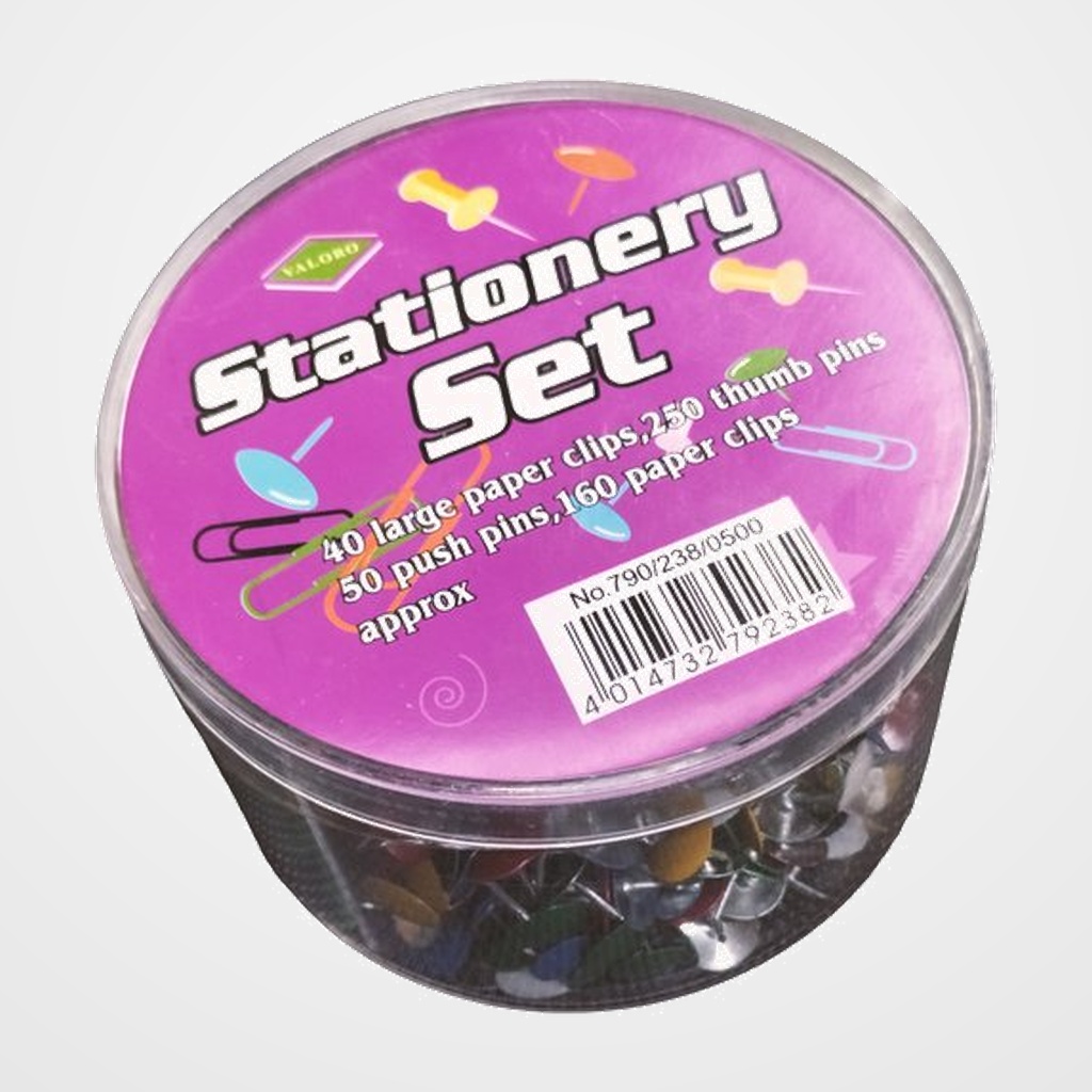 SET VALORO CAJA SURTIDA 500 pzs. CLIP COLOR, PUSH PIN Y CHINCHETA