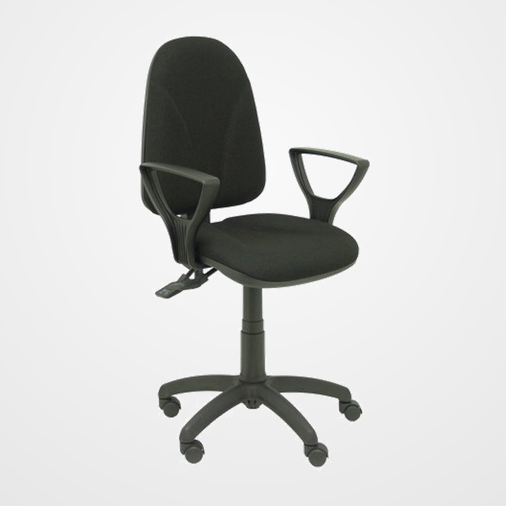 SILLA PIQUERAS Y CRESPO ALGARRA BRAZOS FIJOS MECANISMO CONTACTO PERMANENTE REGULABLE EN ALTURA RUEDAS de NYLON ASIENTO Y RESPALDO TAPIZADO BALI NEGRO