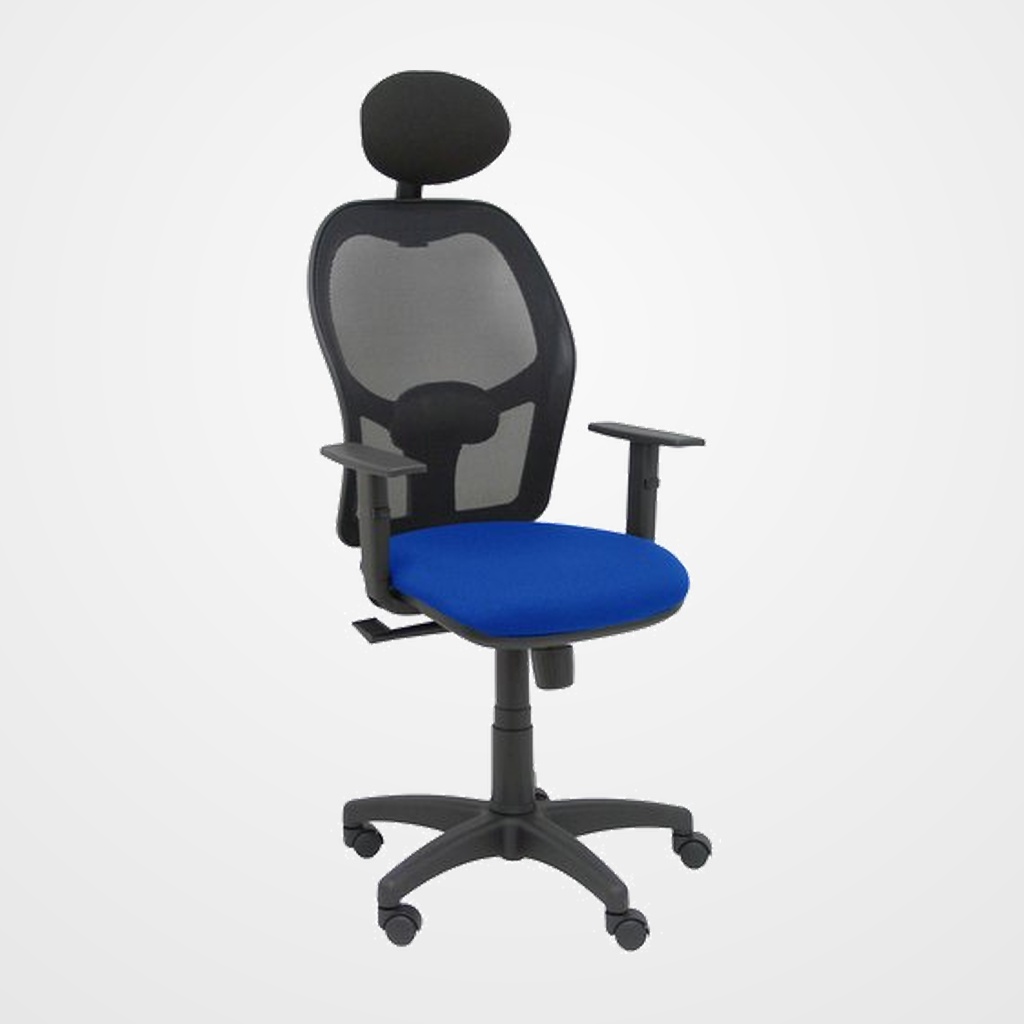 SILLA PIQUERAS Y CRESPO ALOCEN BRAZOS REGULABLES CABECERO INCLUIDO MECANISMO SINCRO REFUERZO LUMBAR RUEDAS NYLON RESPALDO MALLA NEGRA TRANSPIRABLE Y ASIENTO TAPIZADO BALI AZUL