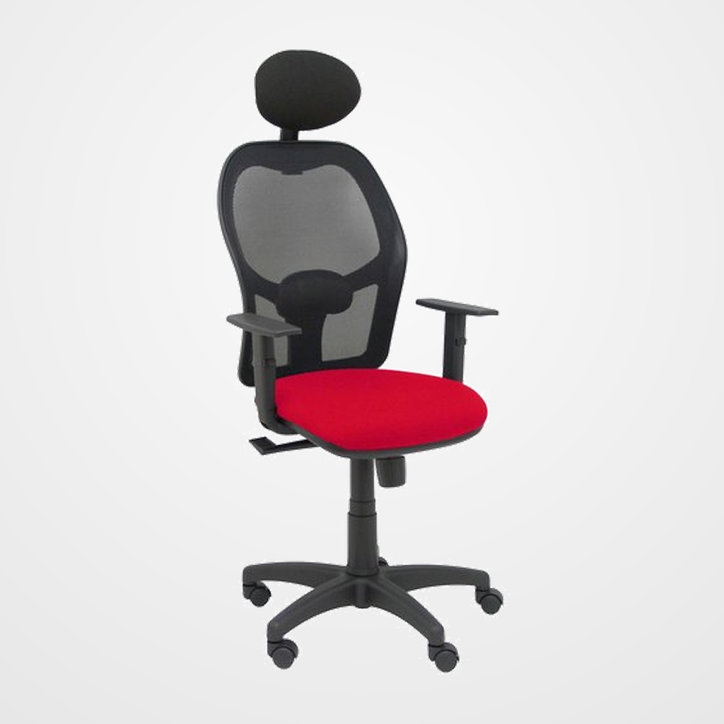 SILLA PIQUERAS Y CRESPO ALOCEN BRAZOS REGULABLES CABECERO INCLUIDO MECANISMO SINCRO REFUERZO LUMBAR RUEDAS NYLON RESPALDO MALLA NEGRA TRANSPIRABLE Y ASIENTO TAPIZADO BALI ROJO