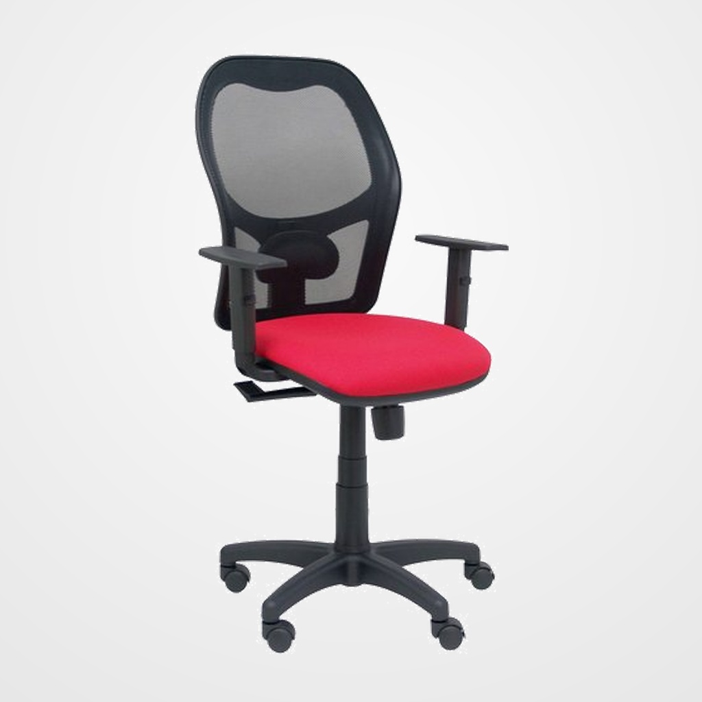 SILLA PIQUERAS Y CRESPO ALOCEN BRAZOS REGULABLES MECANISMO SINCRO REFUERZO LUMBAR RUEDAS NYLON RESPALDO MALLA NEGRA TRANSPIRABLE Y ASIENTO TAPIZADO BALI ROJO