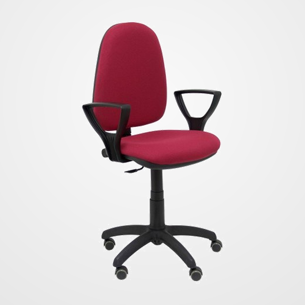 SILLA PIQUERAS Y CRESPO AYNA BRAZOS FIJOS MECANISMO CONTACTO PERMANENTE CON REGULACION DE PROFUNDIDAD RUEDAS de PARQUET ASIENTO Y RESPALDO TAPIZADO BALI GRANATE