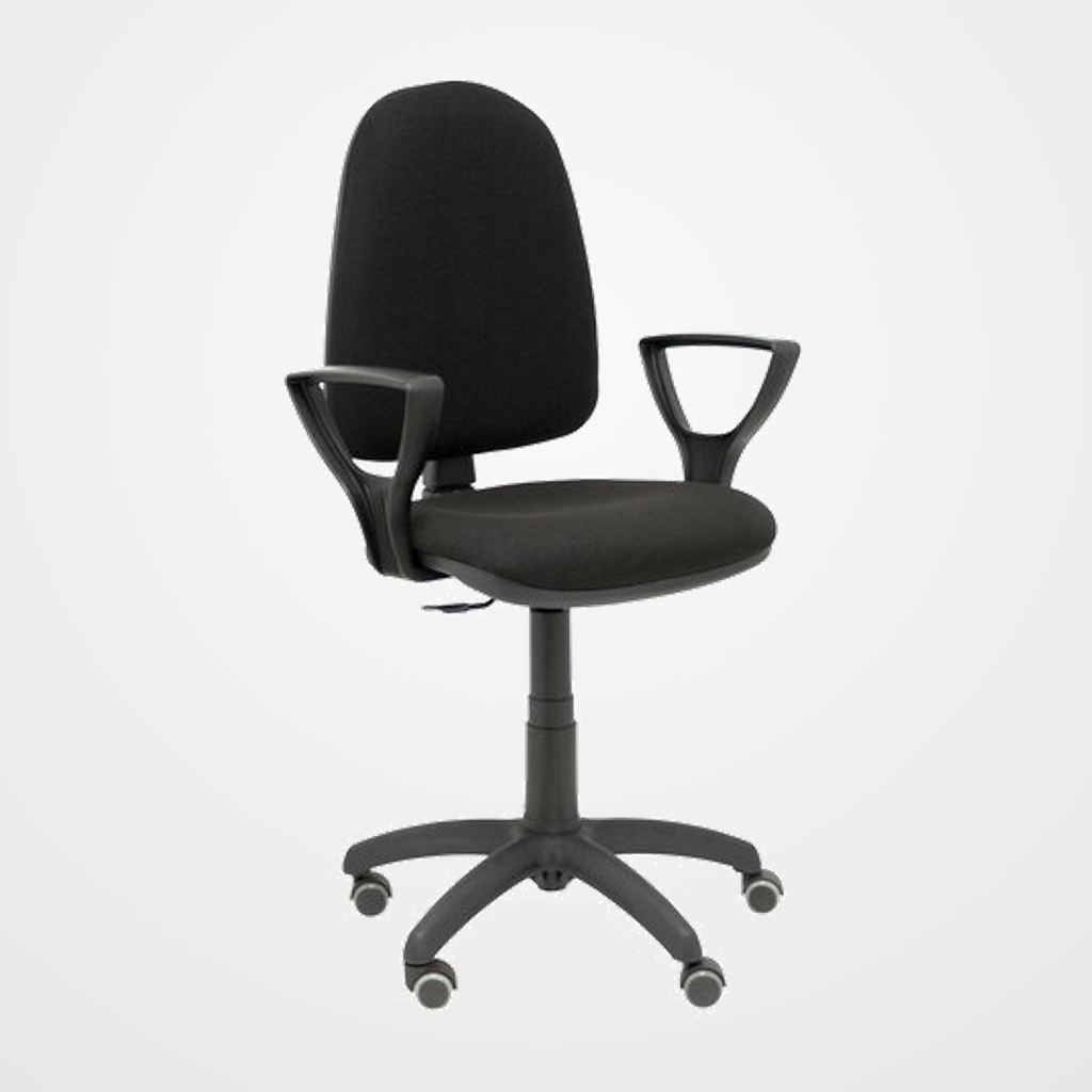 SILLA PIQUERAS Y CRESPO AYNA BRAZOS FIJOS MECANISMO CONTACTO PERMANENTE CON REGULACION DE PROFUNDIDAD RUEDAS de PARQUET ASIENTO Y RESPALDO TAPIZADO BALI NEGRO