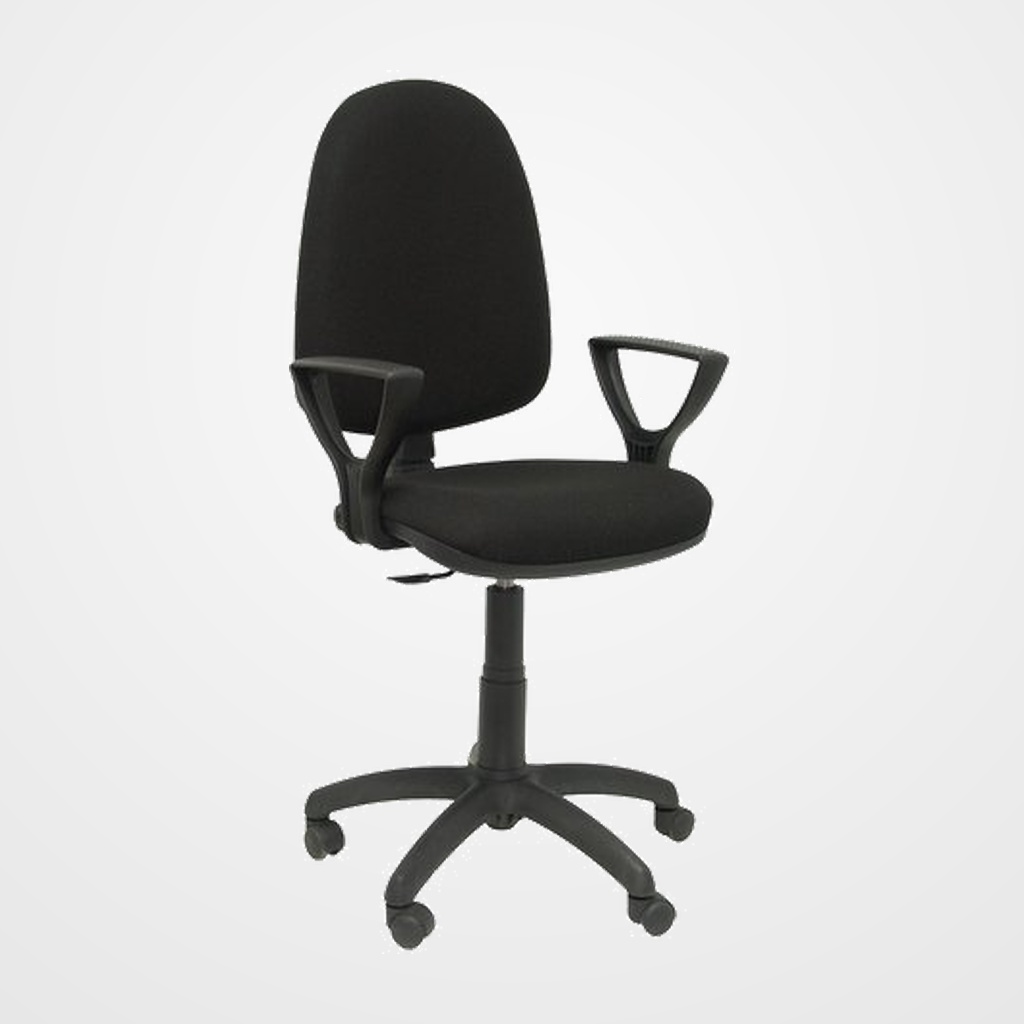 SILLA PIQUERAS Y CRESPO AYNA BRAZOS FIJOS MECANISMO CONTACTO PERMANENTE CON REGULACION DE PROFUNDIDAD RUEDAS de PARQUET ASIENTO Y RESPALDO TAPIZADO BALI NEGRO