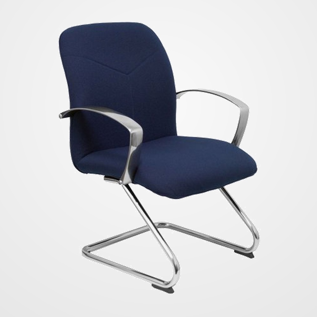 SILLA PIQUERAS Y CRESPO CAUDETE CONFIDENTE ESTRUCTURA PATIN ACABADO CROMADO BRAZOS FIJOS ASIENTO Y RESPALDO TAPIZADO BALI AZUL MARINO