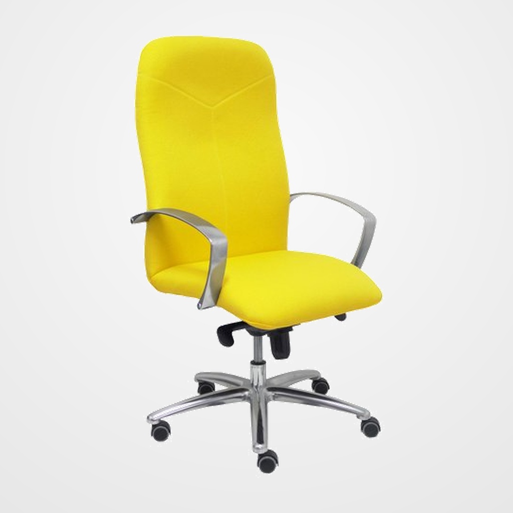SILLA PIQUERAS Y CRESPO CAUDETE DIRECCION BRAZOS FIJOS CROMADOS MECANISMO BASCULANTE MULTIPOSICION Y ALTURA AJUSTABLE GRAN CONFORTABILIDAD RUEDAS de PARQUET ASIENTO Y RESPALDO TAPIZADO BALI AMARILLO