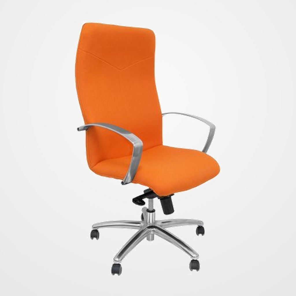 SILLA PIQUERAS Y CRESPO CAUDETE DIRECCION BRAZOS FIJOS CROMADOS MECANISMO BASCULANTE MULTIPOSICION Y ALTURA AJUSTABLE GRAN CONFORTABILIDAD RUEDAS de PARQUET ASIENTO Y RESPALDO TAPIZADO BALI NARANJA