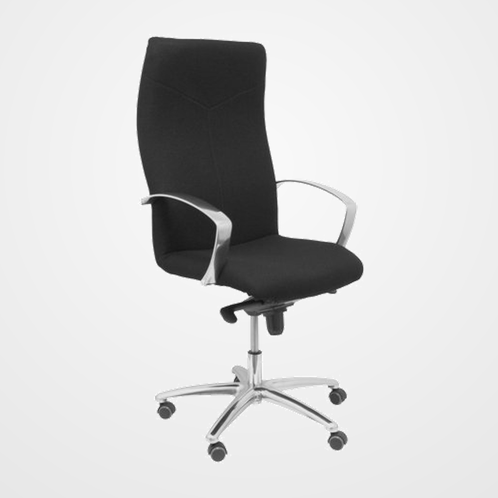 SILLA PIQUERAS Y CRESPO CAUDETE DIRECCION BRAZOS FIJOS CROMADOS MECANISMO BASCULANTE MULTIPOSICION Y ALTURA AJUSTABLE GRAN CONFORTABILIDAD RUEDAS de PARQUET ASIENTO Y RESPALDO TAPIZADO BALI NEGRO