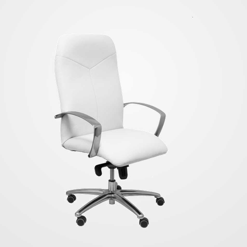 SILLA PIQUERAS Y CRESPO CAUDETE DIRECCION BRAZOS FIJOS MECANISMO BASCULANTE MULTIPOSICION Y ALTURA AJUSTABLE GRAN CONFORTABILIDAD RUEDAS de PARQUET ASIENTO Y RESPALDO TAPIZADO PIEL BLANCO