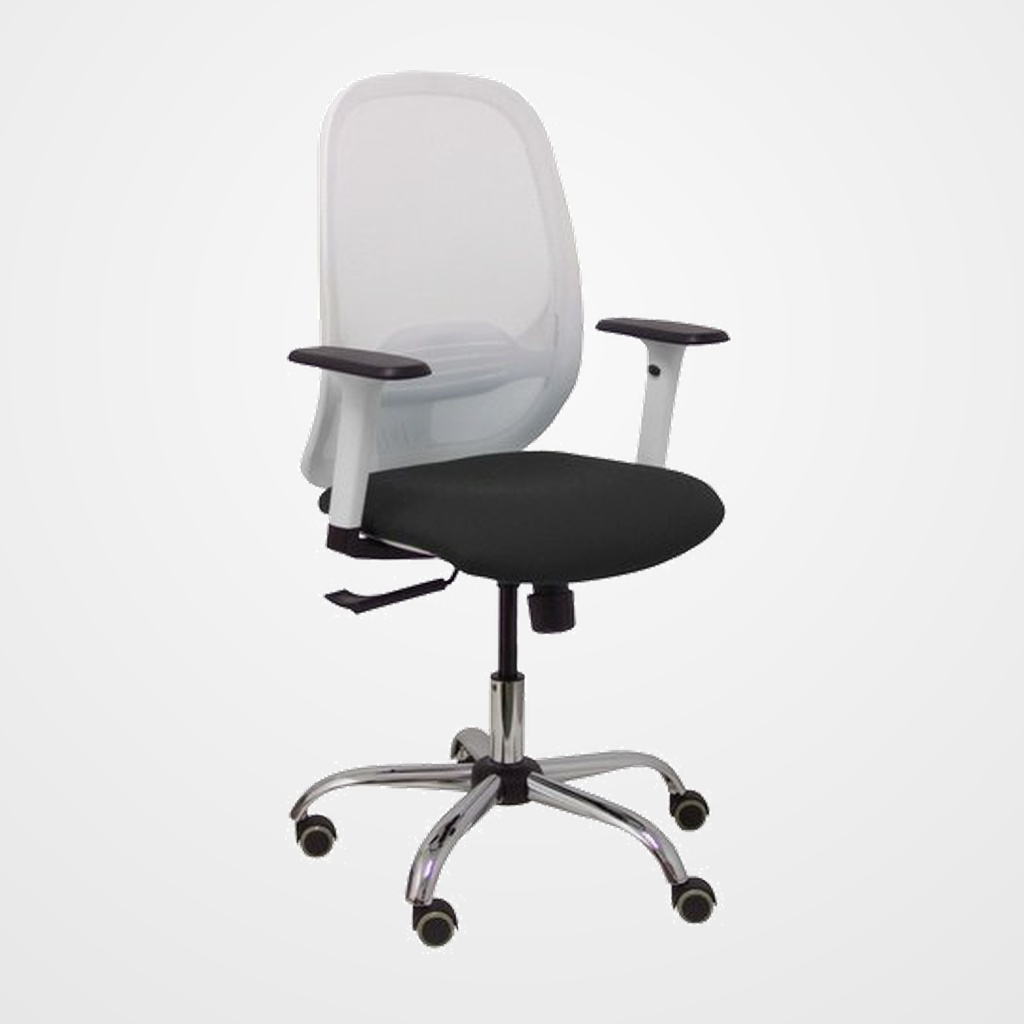 SILLA PIQUERAS Y CRESPO CILANCO BLANCA USO INTENSIVO BRAZOS REGULABLES MECANISMO SINCRO CON REGULADOR DE TENSION REFUERZO LUMBAR REGULABLE BASE CROMADA RUEDAS PARQUET RESPALDO DE MALLA BLANCA Y ASIENTO TAPIZADO BALI NEGRO