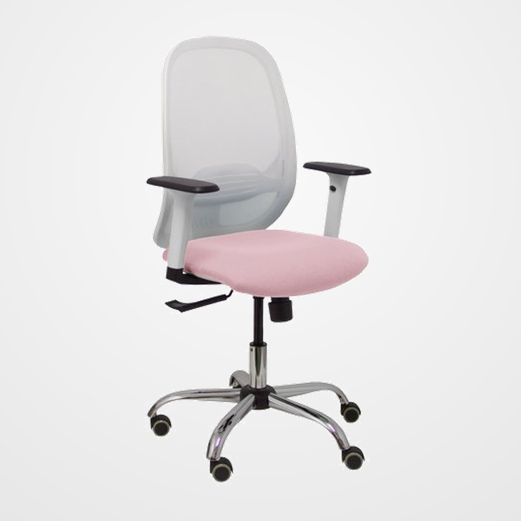 SILLA PIQUERAS Y CRESPO CILANCO BLANCA USO INTENSIVO BRAZOS REGULABLES MECANISMO SINCRO CON REGULADOR DE TENSION REFUERZO LUMBAR REGULABLE BASE CROMADA RUEDAS PARQUET RESPALDO DE MALLA BLANCA Y ASIENTO TAPIZADO BALI ROSA