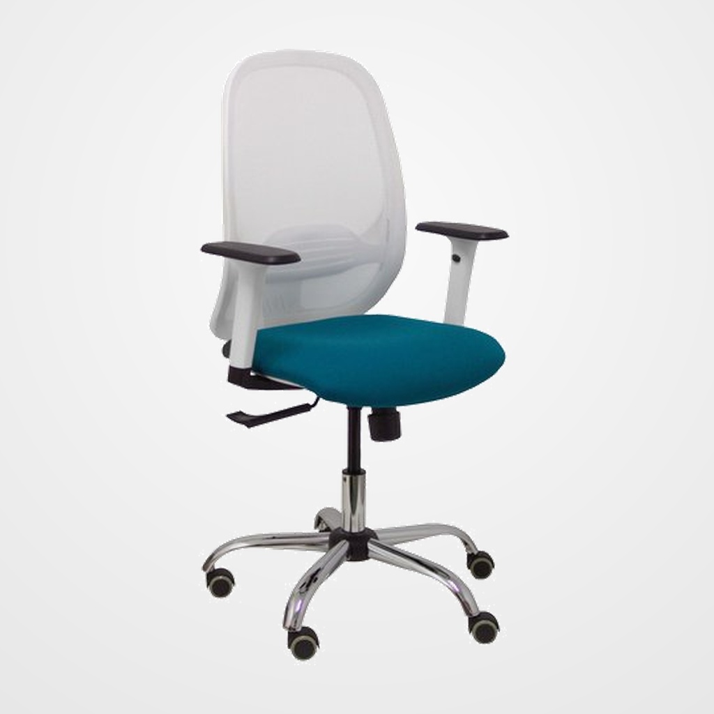 SILLA PIQUERAS Y CRESPO CILANCO BLANCA USO INTENSIVO BRAZOS REGULABLES MECANISMO SINCRO CON REGULADOR DE TENSION REFUERZO LUMBAR REGULABLE BASE CROMADA RUEDAS PARQUET RESPALDO DE MALLA BLANCA Y ASIENTO TAPIZADO BALI VERDE PETROLEO