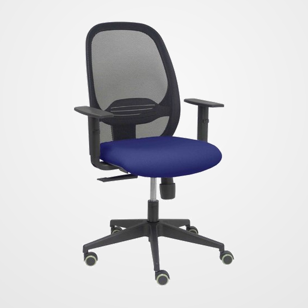 SILLA PIQUERAS Y CRESPO CILANCO NEGRA USO INTENSIVO BRAZOS REGULABLES MECANISMO SINCRO CON REGULADOR DE TENSION REFUERZO LUMBAR REGULABLE RUEDAS PARQUET RESPALDO DE MALLA NEGRA Y ASIENTO TAPIZADO BALI AZUL MARINO