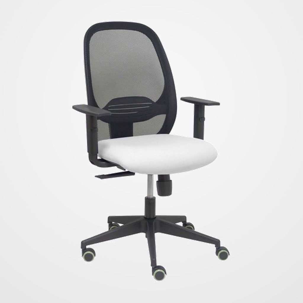 SILLA PIQUERAS Y CRESPO CILANCO NEGRA USO INTENSIVO BRAZOS REGULABLES MECANISMO SINCRO CON REGULADOR DE TENSION REFUERZO LUMBAR REGULABLE RUEDAS PARQUET RESPALDO DE MALLA NEGRA Y ASIENTO TAPIZADO BALI BLANCO