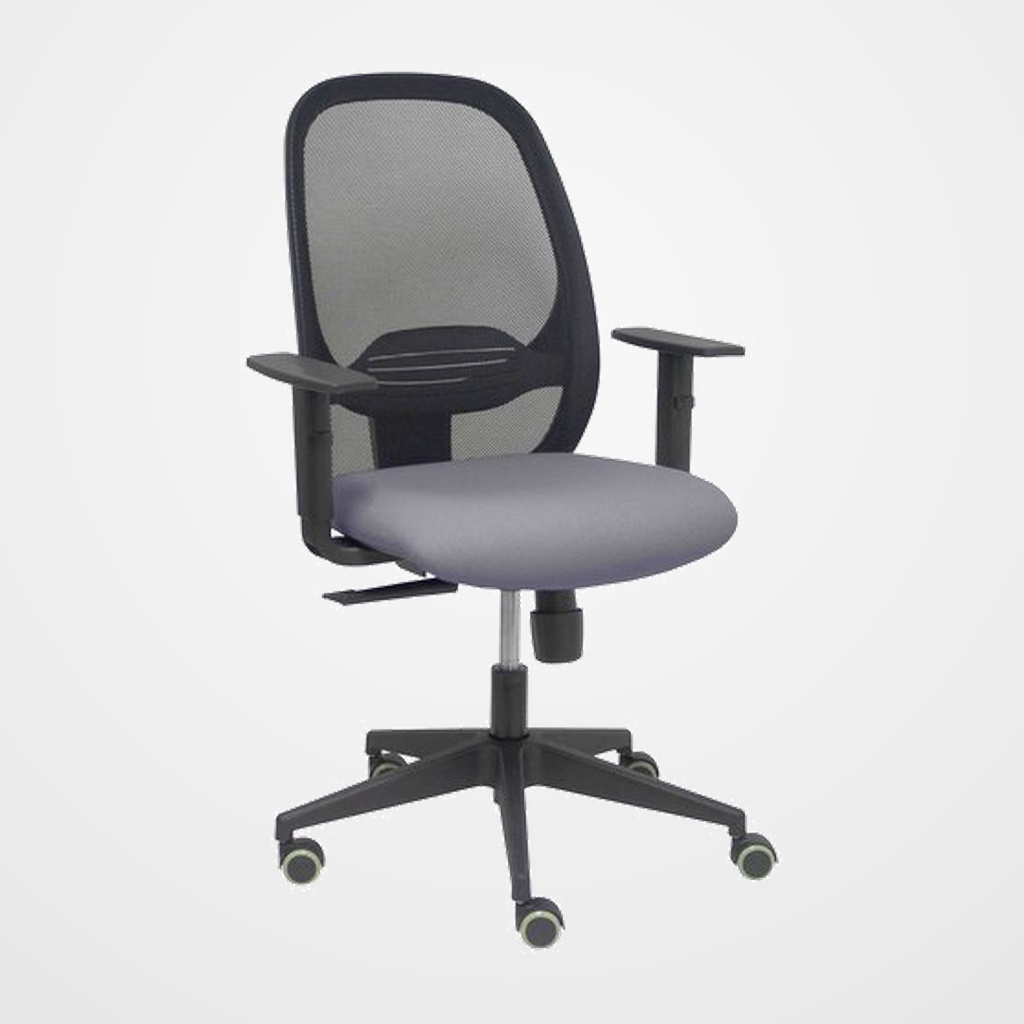SILLA PIQUERAS Y CRESPO CILANCO NEGRA USO INTENSIVO BRAZOS REGULABLES MECANISMO SINCRO CON REGULADOR DE TENSION REFUERZO LUMBAR REGULABLE RUEDAS PARQUET RESPALDO DE MALLA NEGRA Y ASIENTO TAPIZADO BALI GRIS