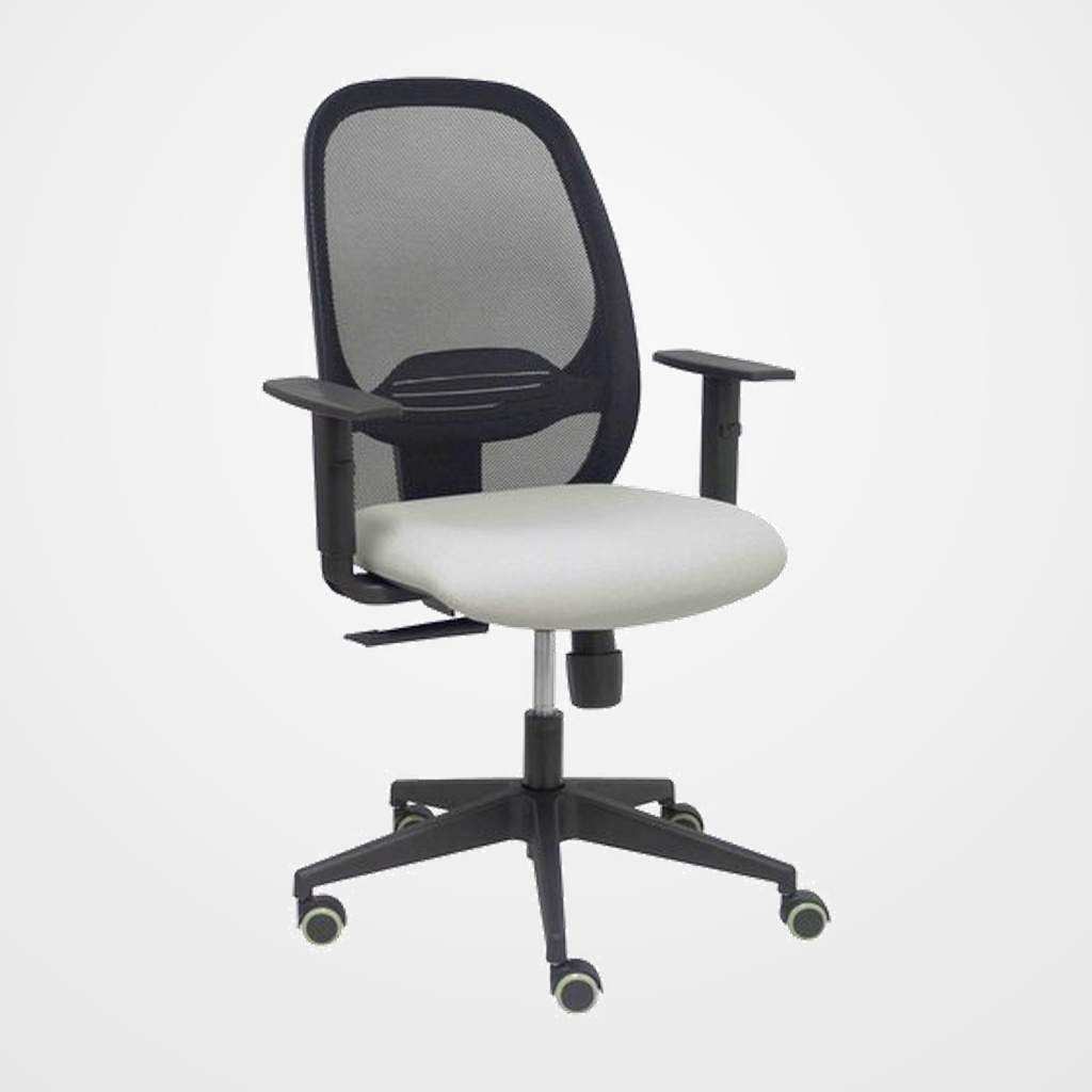 SILLA PIQUERAS Y CRESPO CILANCO NEGRA USO INTENSIVO BRAZOS REGULABLES MECANISMO SINCRO CON REGULADOR DE TENSION REFUERZO LUMBAR REGULABLE RUEDAS PARQUET RESPALDO DE MALLA NEGRA Y ASIENTO TAPIZADO BALI GRIS CLARO