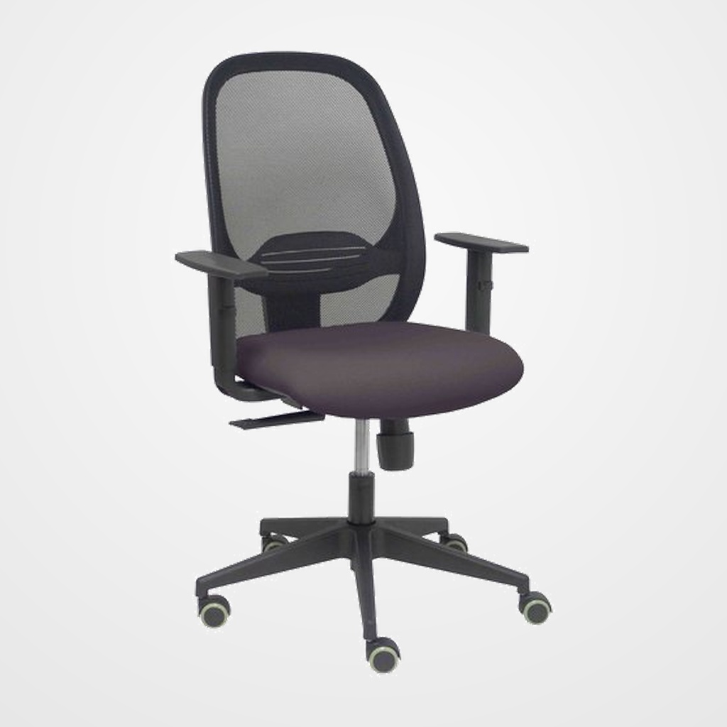 SILLA PIQUERAS Y CRESPO CILANCO NEGRA USO INTENSIVO BRAZOS REGULABLES MECANISMO SINCRO CON REGULADOR DE TENSION REFUERZO LUMBAR REGULABLE RUEDAS PARQUET RESPALDO DE MALLA NEGRA Y ASIENTO TAPIZADO BALI GRIS OSCURO